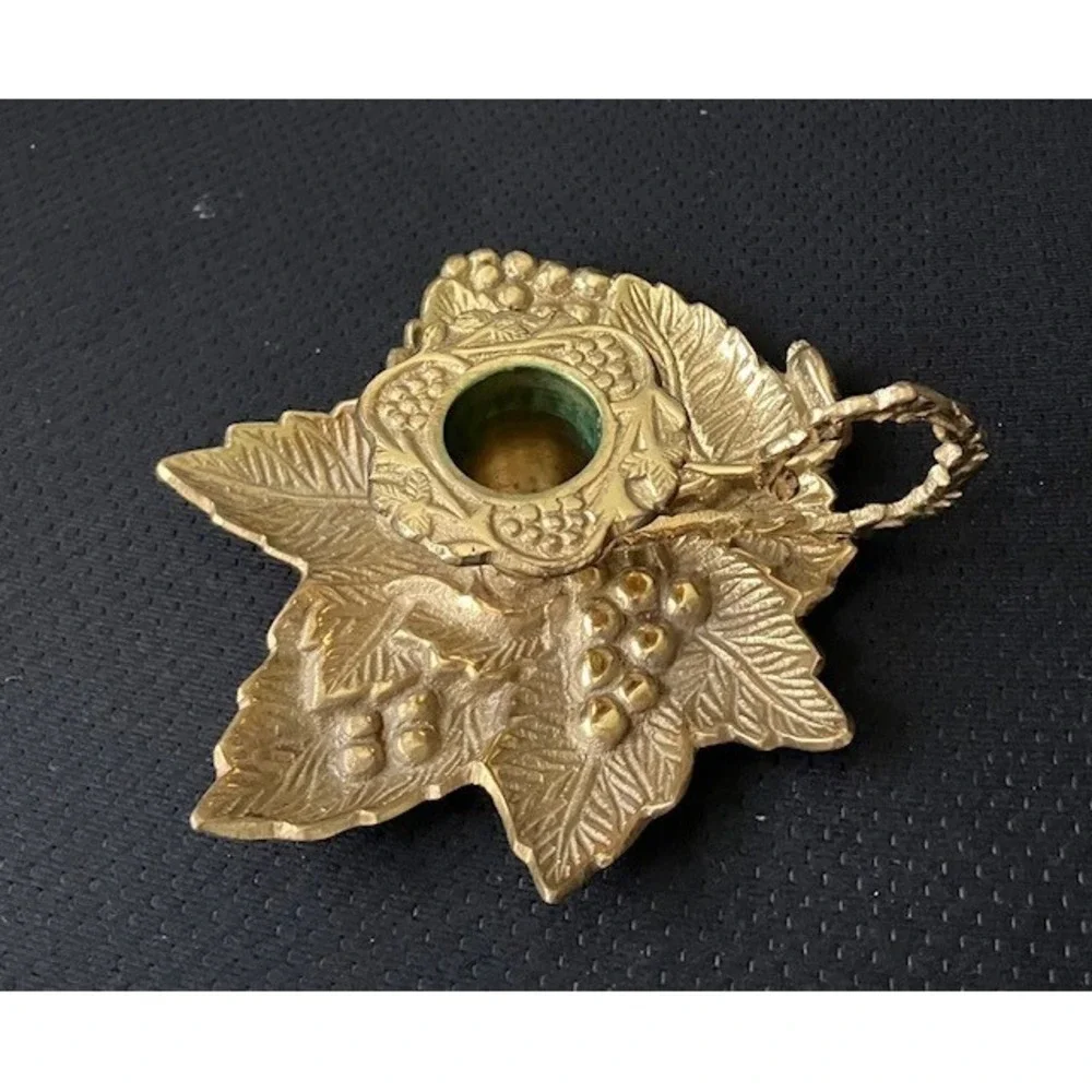 VTG Solid Brass Chamberstick Candle Holder Grape Leaf Cluster Design Loop Handle